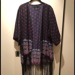 Printed navy kimono jacket with fringe